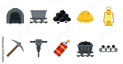 A collection of flat design icons depicting mining equipment, including a tunnel entrance, coal cart, pickaxe, drill, dynamite, and lantern, suitable for industry-related concepts.