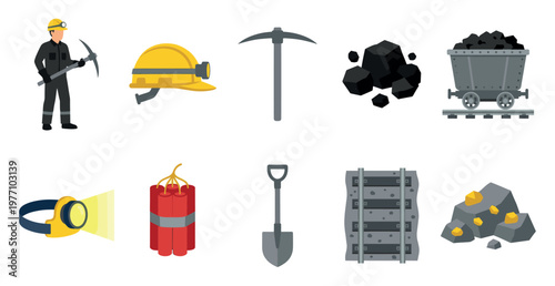 This flat vector illustration showcases a collection of mining equipment and resources, including a miner, helmet, pickaxe, coal, cart, lamp, dynamite, shovel, tracks, and gold nuggets.