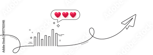 Column chart line icon. Continuous line with share plane. Financial graph sign. Stock exchange symbol. Business investment. Hearts rate review in speech bubble. Bar diagram single line ribbon. Vector
