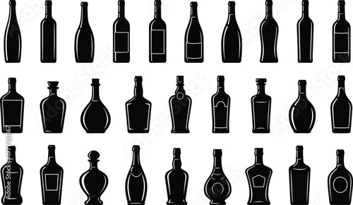 Wine and liquor bottle silhouettes collection featuring various alcohol glass shapes for bar restaurant and beverage industry design isolated on white background for vector illustration projects