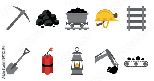 A collection of flat design icons representing mining equipment and materials, including a pickaxe, coal, cart, helmet, tracks, dynamite, lantern, excavator, and conveyor belt.