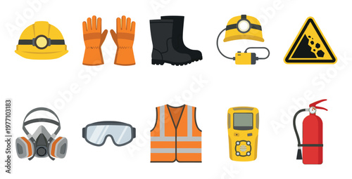 A collection of flat design icons representing personal protective equipment and safety gear for construction and industrial work environments.