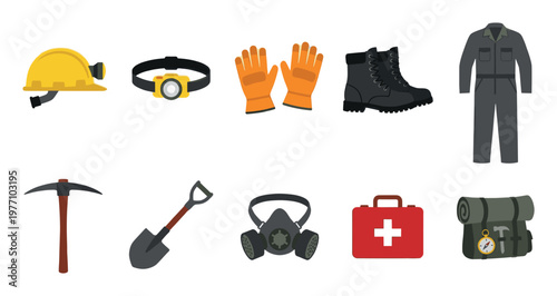 A flat design illustration featuring essential mining safety gear and tools, including a helmet, headlamp, gloves, boots, and a first aid kit against a white background.