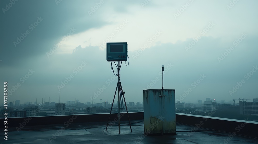 Fototapeta premium Vintage crt monitor mounted on a tripod standing on a wet rooftop, overlooking a vast, foggy urban cityscape under a cloudy sky during a gloomy atmospheric dusk