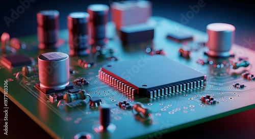 Detailed close-up view of a complex electronic circuit board with a central processor and various components illuminated
