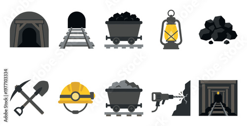 A collection of flat vector icons representing mining industry elements such as mine entrances, coal carts, tools, safety helmet, and mining equipment.