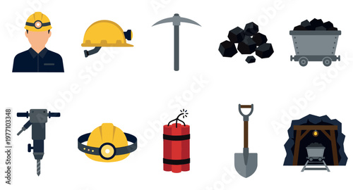 A set of flat design icons representing various mining tools and equipment, including helmets, pickaxes, coal, carts, drills, dynamite, shovels, and a mine entrance.