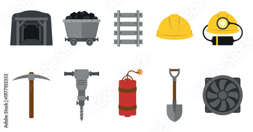A collection of flat design icons representing essential mining equipment and tools, including a mine entrance, coal cart, tracks, hard hat, pickaxe, drill, dynamite, shovel, and fan.