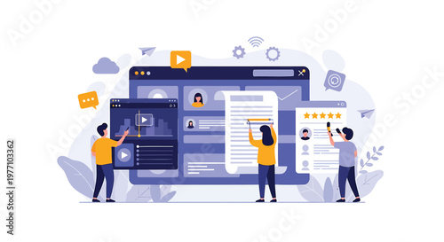 Website design, user interface development, web page illustration, digital workspace concept