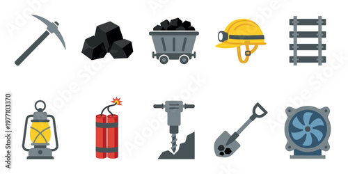 A flat design collection of mining tools and equipment including a pickaxe, coal, mining cart, helmet, rails, lantern, dynamite, drill, shovel, and fan.