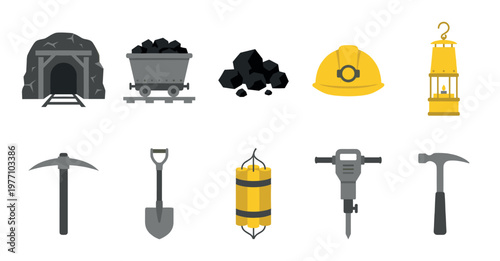A collection of flat design icons representing mining industry tools and equipment, including a mine entrance, coal cart, coal, hard hat, lantern, pickaxe, shovel, dynamite, jackhammer, and hammer.