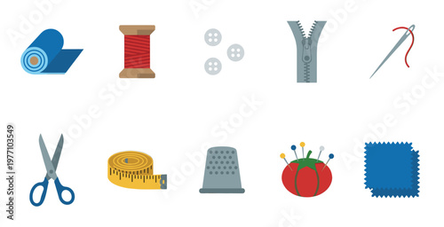 A flat design illustration showcases a collection of sewing essentials including fabric, thread, buttons, zipper, needle, scissors, tape measure, thimble, and pin cushion.