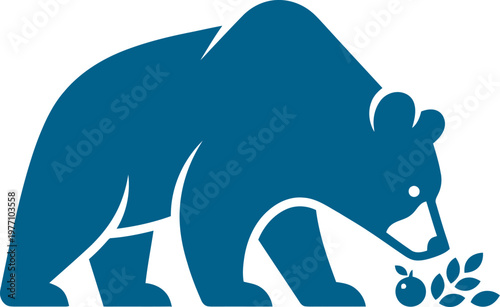 Bear silhouette sniffing a berry on a branch can be Editable