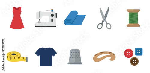 A flat lay illustration showcases essential sewing and crafting tools including a dress, sewing machine, fabric, scissors, thread, tape measure, t-shirt, thimble, ruler, and buttons.