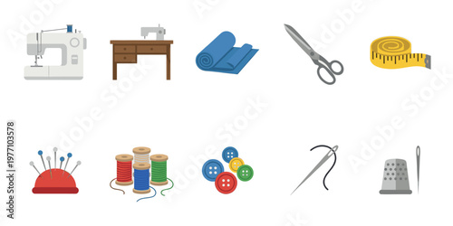 A collection of colorful flat icons representing essential sewing and tailoring supplies, including a sewing machine, fabric, scissors, thread, and buttons, on a clean white background.