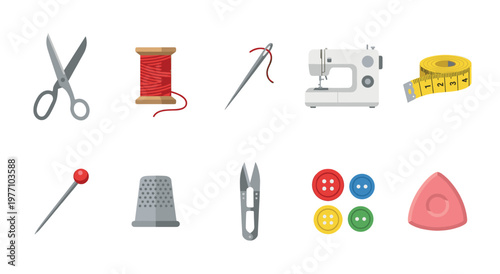 A collection of flat design sewing tools including scissors, thread, needle, sewing machine, tape measure, pin, thimble, snips, buttons, and chalk on a white background.