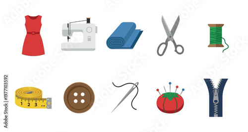 Flat vector illustration of various sewing and tailoring tools including a dress, sewing machine, fabric, scissors, thread, tape measure, button, needle, pin cushion, and zipper.