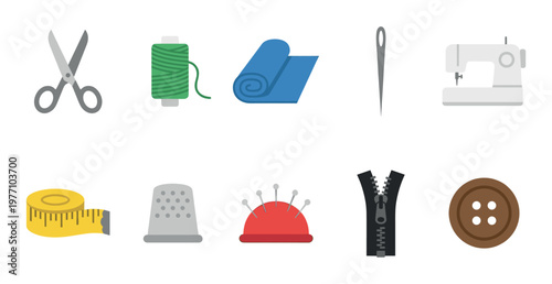 A flat design collection of essential sewing tools and materials including scissors, thread, fabric, needle, sewing machine, tape measure, thimble, pincushion, zipper, and button.