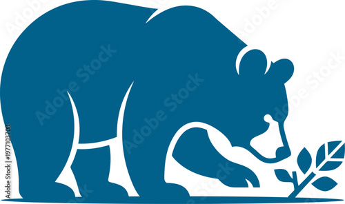 Curious bear sniffing a small leafy plant can be Editable