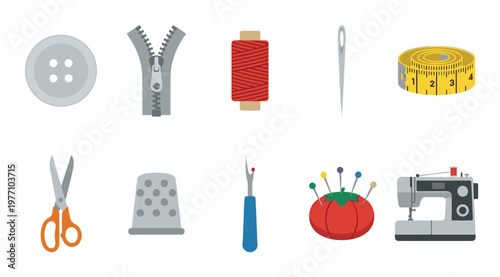 A flat design vector illustration displays various sewing tools arranged neatly against a white background, including scissors, thread, and a sewing machine.