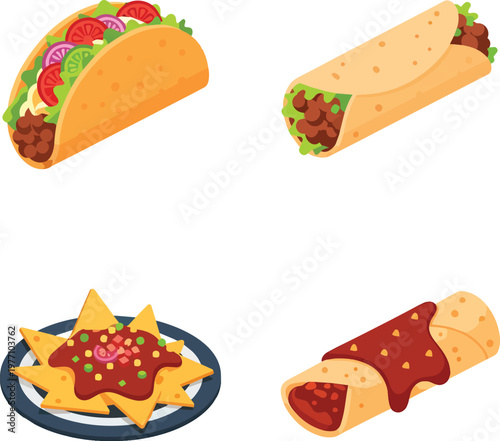 Mexican Food Vector Set Featuring Taco Burrito Nachos and Enchilada