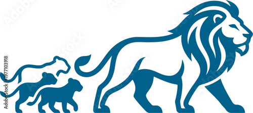 Male lion walking with three small cubs following behind blue vector can be Editable