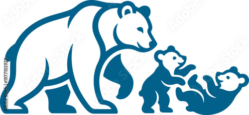 Mother bear walking with two small cubs can be Editable