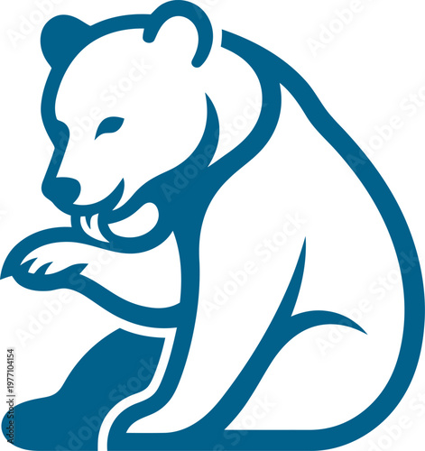 Sitting bear licking its paw for grooming can be Editable