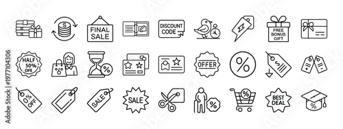 Collection of various sale and discount icons for promotional use