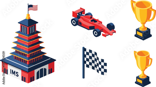 Racing Competition Isometric Icons with Red Car and Gold Trophy