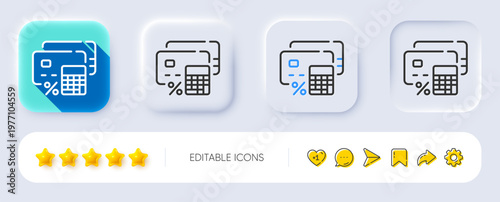 Money calculator line icon. Neumorphic, Flat shadow, 3d buttons. Credit card sign. Calculate payment symbol. Line money calculator icon. Social media icons. Vector