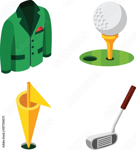Isometric Golf Tournament Vector Icons with Green Jacket Club and Ball