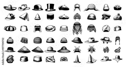 Diverse collection of traditional world hats and headwear in vintage engraving style