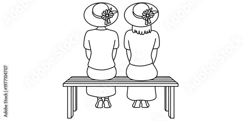 A black and white line art illustration of two women sitting together on a simple wooden bench Vector, illustration