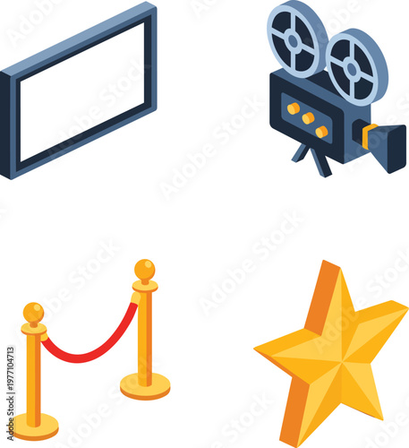 Isometric Cinema and Movie Production Icon Set with Camera and Star