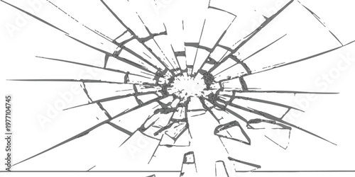 A high contrast black and white illustration depicting a pattern of shattered window glass pane.
