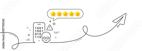 Cyber attack line icon. Continuous line with share plane. Ransomware threat sign. Phone hacking symbol. Five star rate review in speech bubble. Cyber attack single line ribbon. Vector