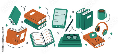 Collection of books and e reader with headphones and coffee cup e reader flat design closed book education literature knowledge learning headphones audiobook relaxation collection
