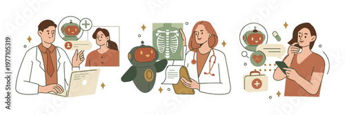 Medical professionals discussing patient case with AI support patient care medical consultation treatment plan artificial intelligence flat design equipment staff