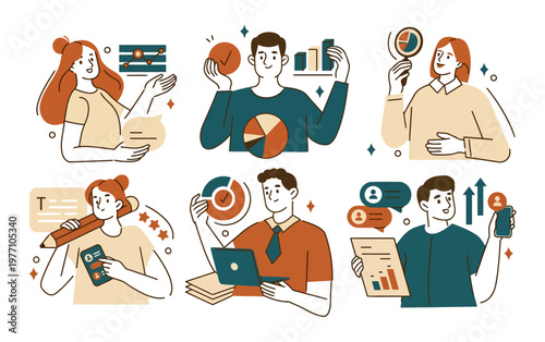 Diverse group of business people engaged in data analysis and strategy development with business growth financial planning project management flat design data visualization teamwork collaboratio