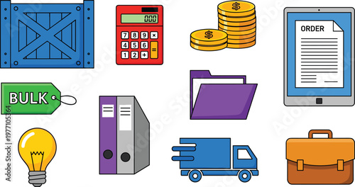 Business and Logistics Vector Icons Set with Symbols Including Box, Calculator, Coins, Order Form, Truck, Briefcase, and More