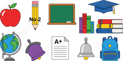 Back to School Vector Icons Set with Educational Symbols Including Apple, Pencil, Globe, Chalkboard, Books, Graduation Cap, and More