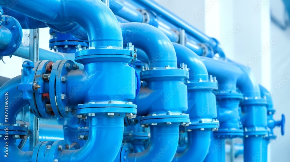 Obraz premium Blue metal pipes with valves in a modern industrial setting.