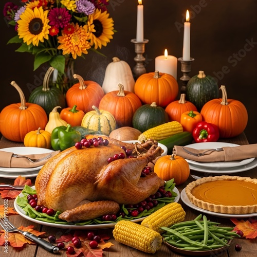 Traditional Thanksgiving dinner with roasted turkey, pumpkin pie, and autumn harvest vegetables