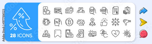 Hair dryer, Receive file and Bitcoin line icons. Interest rate, AI generate, Inflation icons. Pack of Solar panel, Website search, Heart icon. Online voting, Phone puzzle, Ethics pictogram. Vector