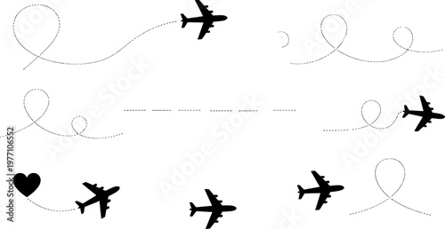 Airplane silhouette illustration with dashed flight paths, aviation travel concept, heart-shaped trail design, global tourism, journey routes, international air connectivity, wanderlust adventure