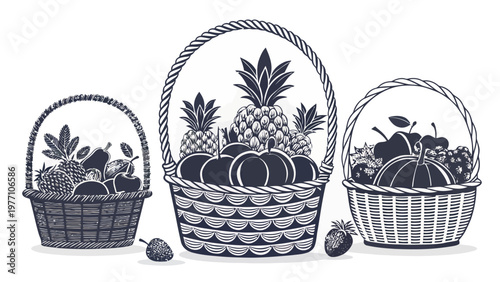 Three woven baskets filled with seasonal fruits and vegetables on a white background illustration