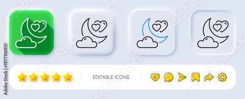 Love night line icon. Neumorphic, Flat shadow, 3d buttons. Valentines day evening sign. Couple relationships symbol. Line love night icon. Social media icons. Vector