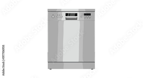 A modern silver stainless steel dishwasher features a sleek digital control panel and buttons on the front upper section for efficient kitchen cleaning in bright light.