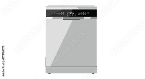 A sleek stainless steel dishwasher stands prominently against a clean white background featuring a sophisticated black digital interface with glowing icons.